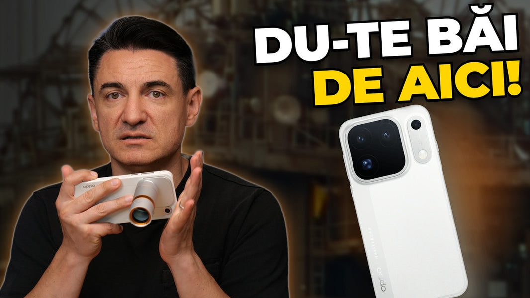 George Buhnici ține în mâini, pe orizontală, OPPO Find X10 Pro Max alb cu teleconvertorul Hasselblad montat, iar alături se vede spatele telefonului cu blocul pătrat de camere