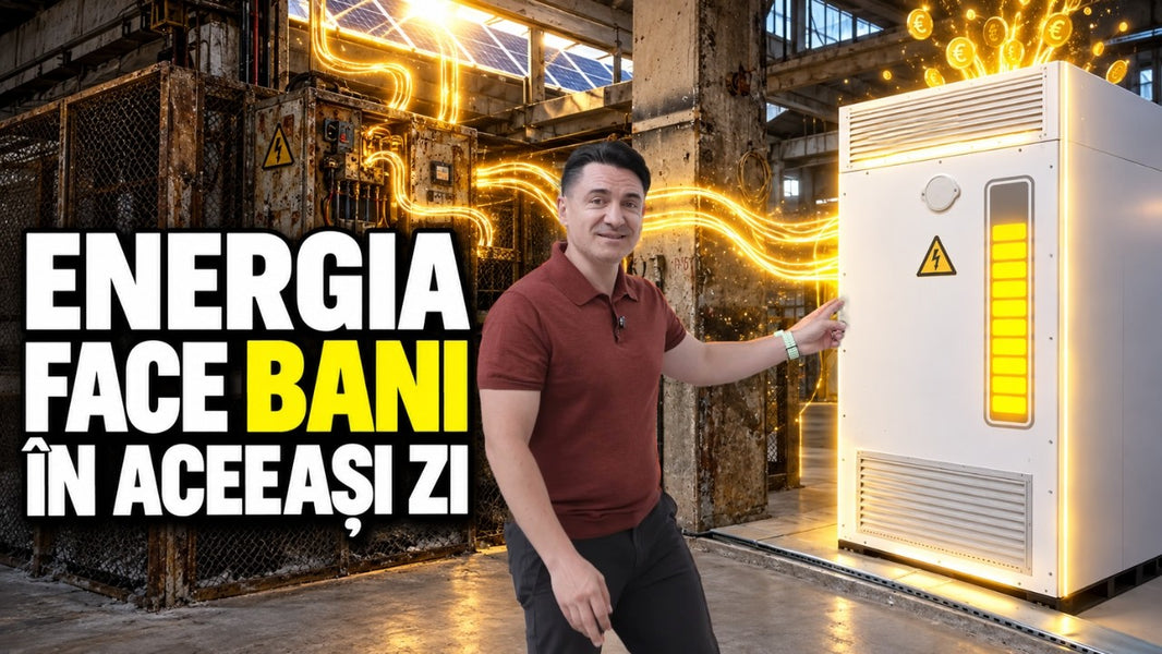 George Buhnici stă într-o fostă hală industrială din Alexandria, în fața unui cabinet de baterii YellowGrid deschis, cu celule de stocare suprapuse și țevi de răcire cu lichid