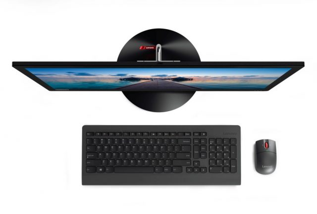 Thinkcentre X1 AIO hero birdseye shot with keyboard and mouse
